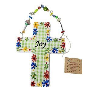 Vintage Ceramic Floral Joy Cross Hanging Hand Painted Beaded Hanger New
